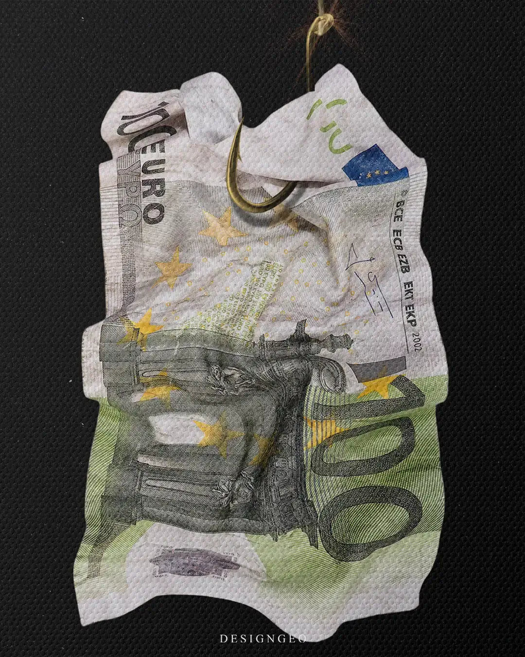 Close-up of minimalist financial wall art featuring a realistic one hundred Euro bill attached to a sharp metallic fishing hook as bait on a solid black background