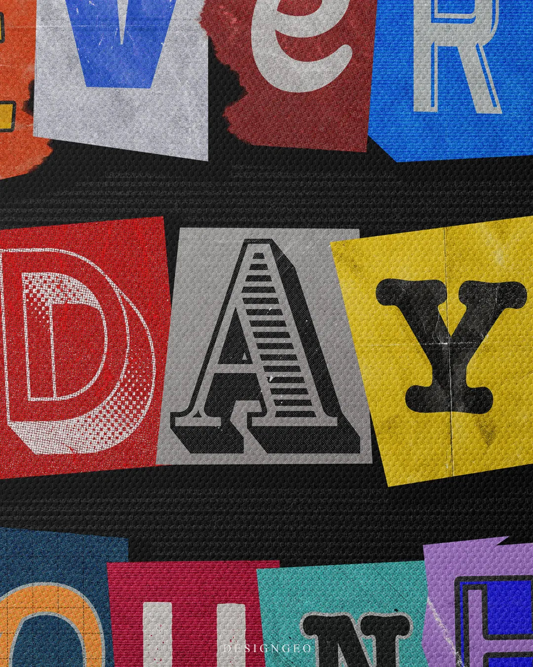 Macro view of the motivational collage canvas art, showcasing close-up details of vintage-style letters spelling "DAY" with distinct textures and halftone print patterns