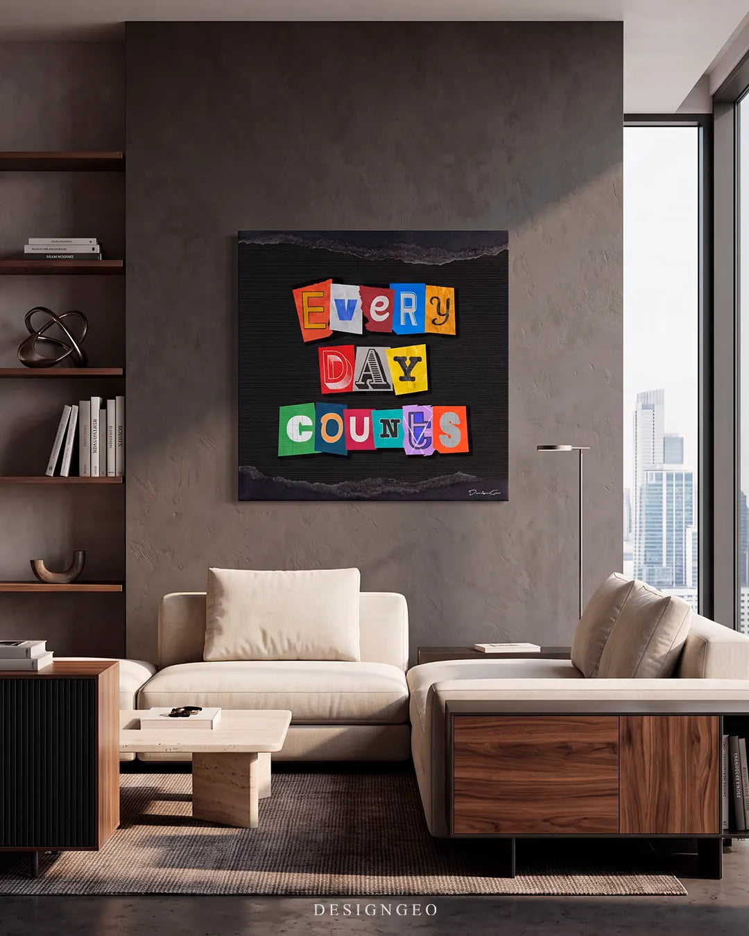 Modern luxury living room featuring the square "EVERY DAY COUNTS" motivational canvas print mounted on a dark grey accent wall above a modern beige sectional sofa and city view window