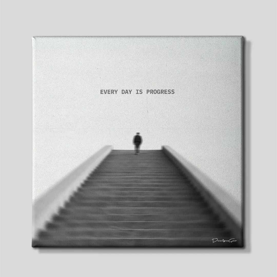 Black and white motivational square canvas art featuring a person walking up long stairs with quote Every Day Is Progress on white background 0.75 inch thin wrap
