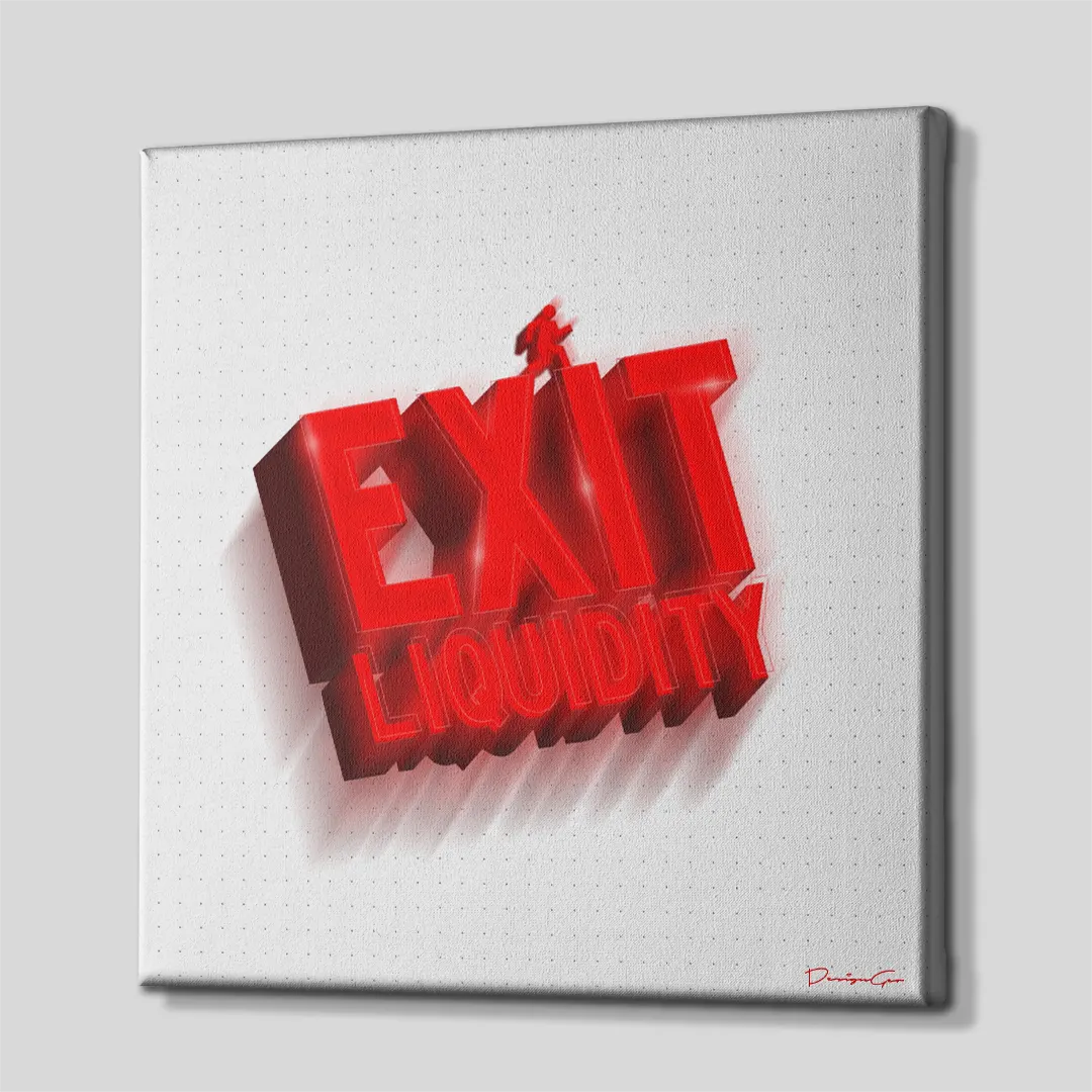 Three-quarter side angle of the Exit Liquidity crypto canvas print showing gallery-wrapped white edges mounted on a wooden frame