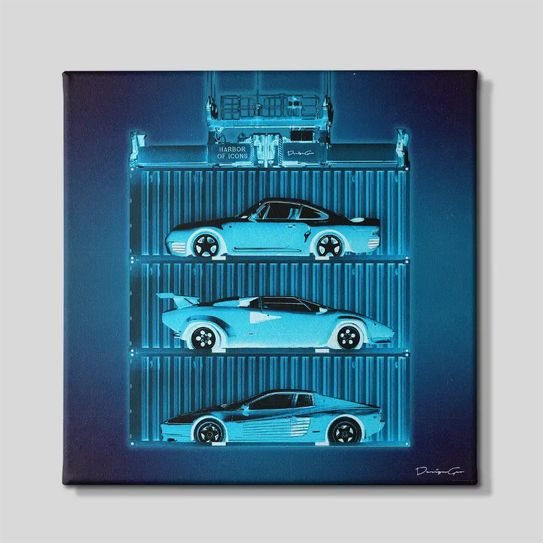 Front view of the exotic car container X-ray square canvas wall art, a premium decorative piece for high-end garages, luxury offices, or automotive enthusiast dens