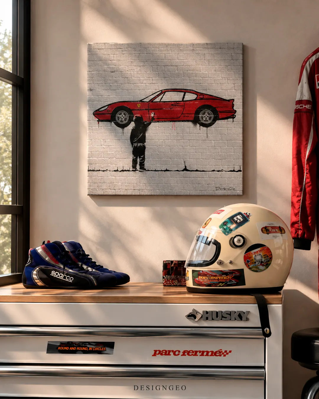 Square graffiti style red car canvas print mounted on a wall above a metallic Husky tool chest with Sparco racing boots, a stickered vintage helmet, and a red racing suit