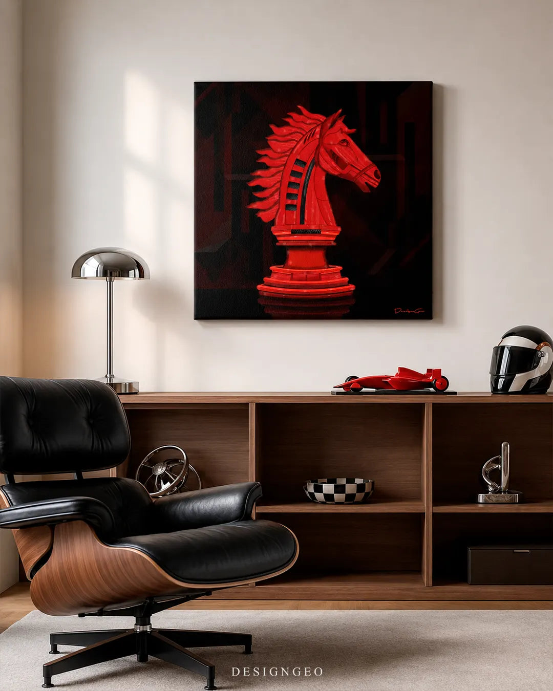 Square red racing knight chess canvas wall art mounted on a beige wall in a modern office above a wooden sideboard with a red F1 model car and black leather lounge chair
