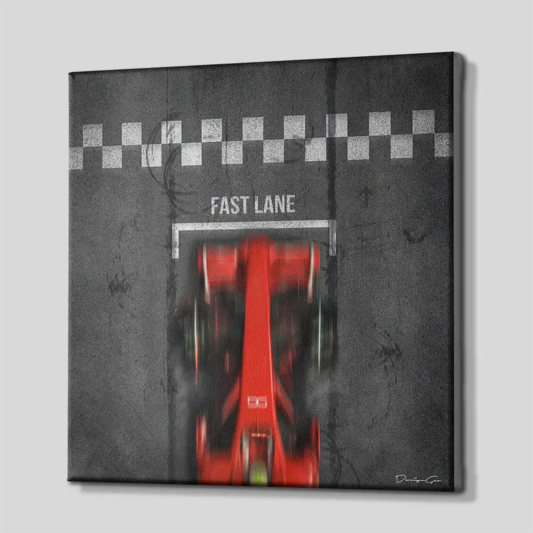 Side angle of the grey monochromatic motorsport motivation canvas print, highlighting the high-quality gallery wrap finish and the professional 3D frame depth