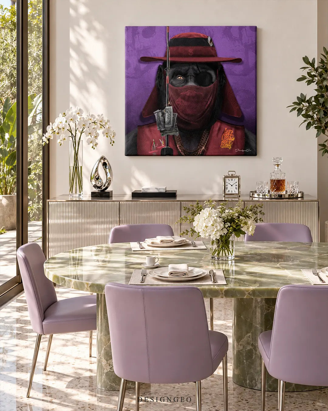 Square purple canvas print featuring a black ape with a red hat, face mask, and fishing rod catching dollar bills mounted on a white wall in an elegant dining room above a sideboard and marble dining table