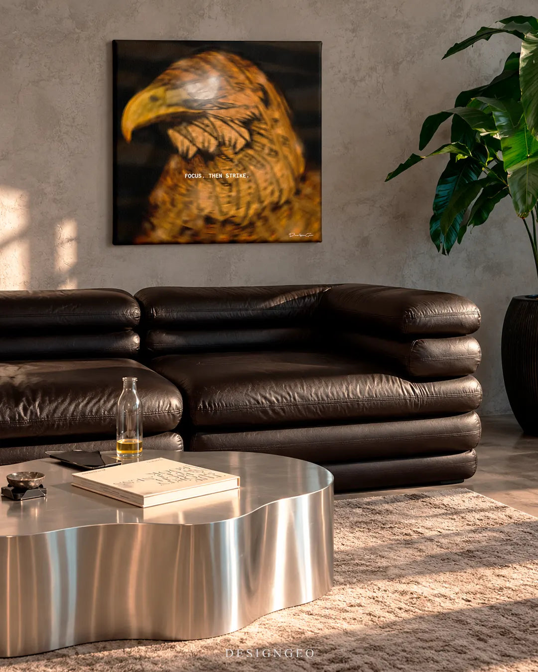 Focus Then Strike eagle profile square canvas wall art mounted on textured gray wall in modern living room above dark leather sofa 0.75 inch thin wrap