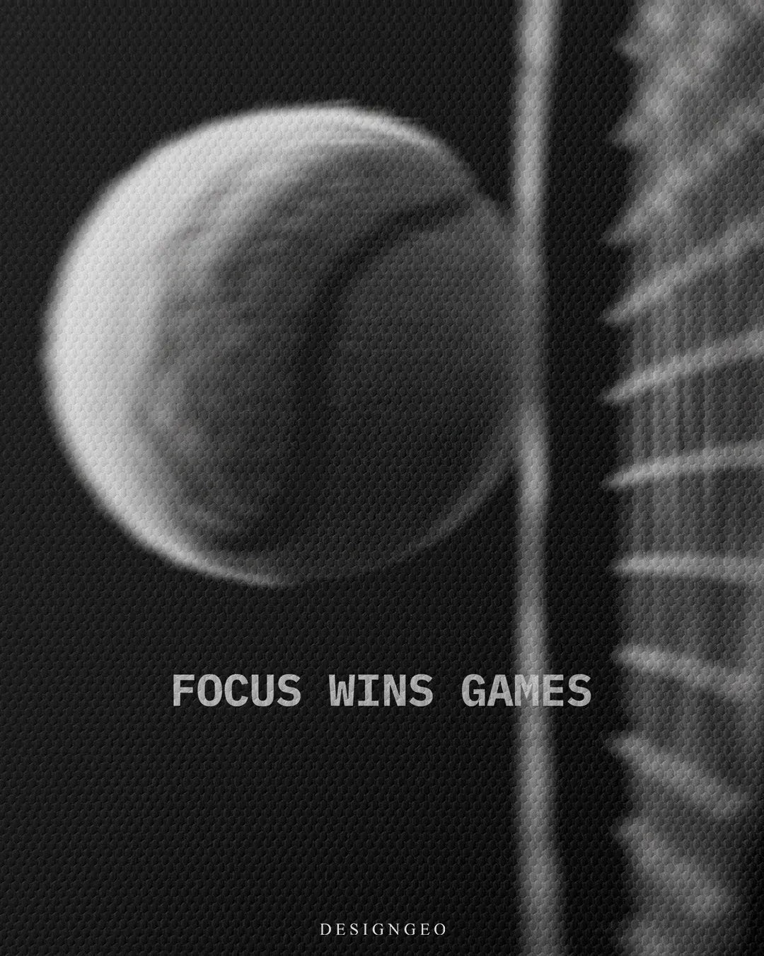 Close up texture view of Focus Wins Games quote near tennis ball and racket strings dark woven square canvas wall art 0.75 inch thin wrap