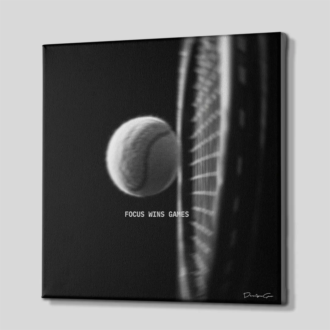 Side perspective view of black and white square canvas art showing tennis impact design with black gallery wrapped edge 0.75 inch thin wrap