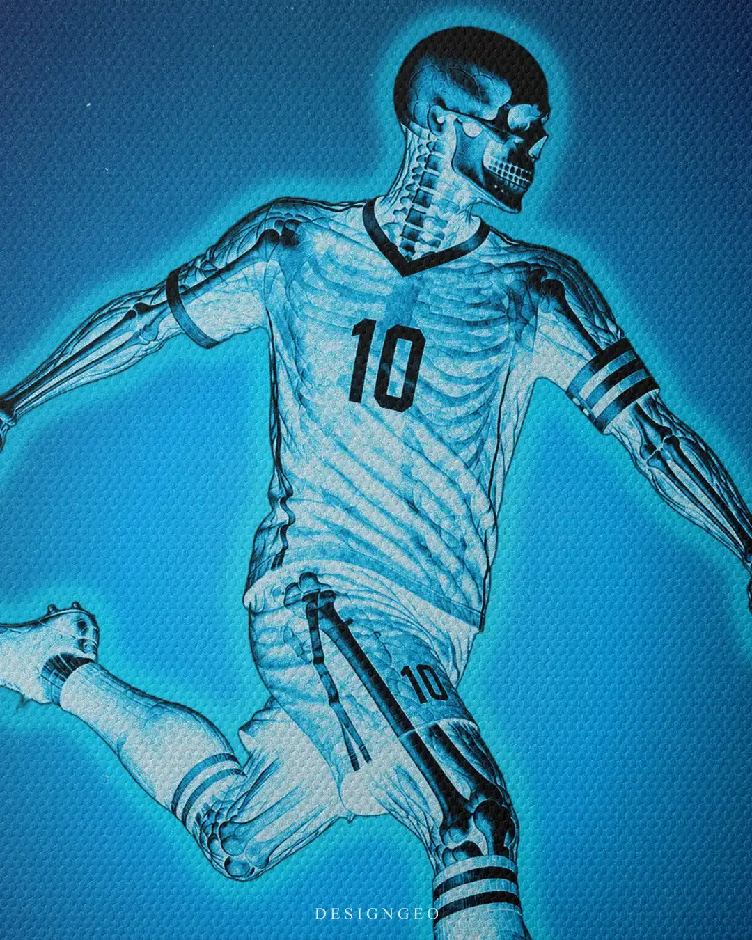 Close-up macro view of the premium woven canvas texture, highlighting the glowing blue x-ray skeleton of a soccer player wearing jersey number 10 against a dark blue background