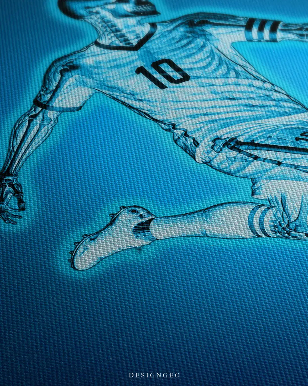 Angled detailed close-up of the football anatomy canvas print, showcasing the textured surface gradient and the sharp blue neon lines of the skeletal player kicking a soccer ball