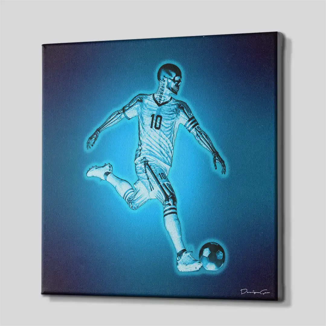 Side perspective of the modern x-ray soccer player sports canvas print, demonstrating the precise gallery wrap edges and three-dimensional wooden frame profile for contemporary interiors