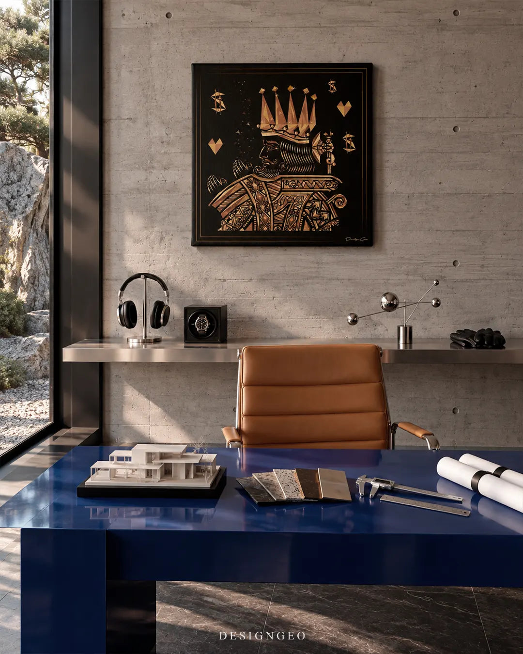 Square black canvas print featuring an ornate gold playing card king mounted on a concrete wall in a modern architectural office above a blue desk