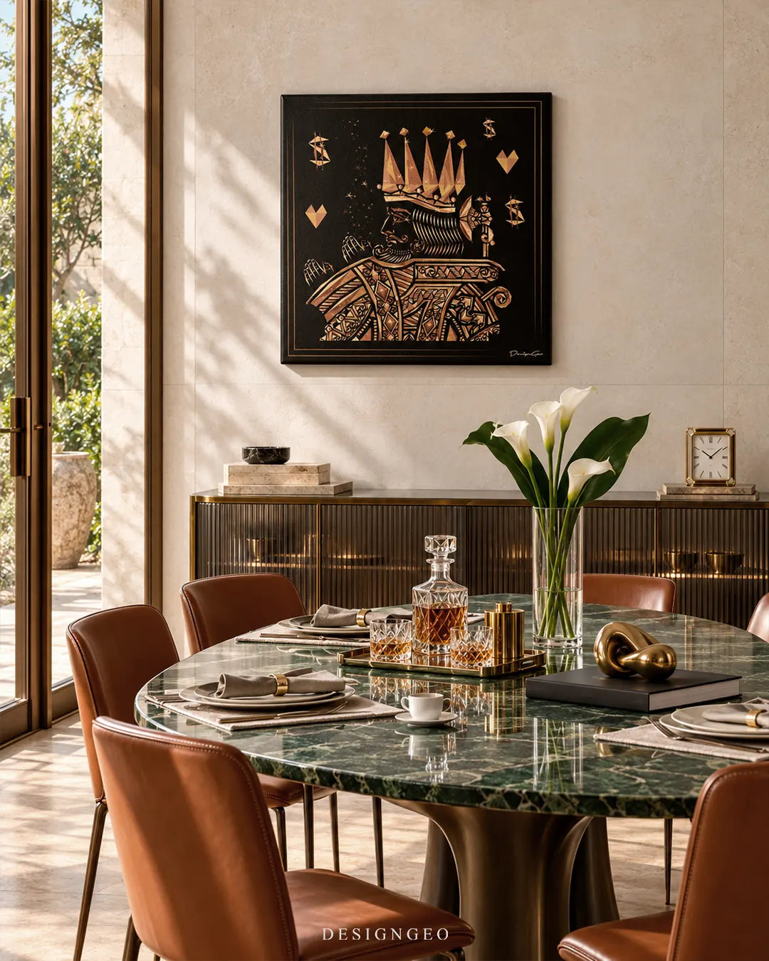 Square black canvas print featuring an ornate gold playing card king mounted on a light wall in a luxury dining room above a green marble table