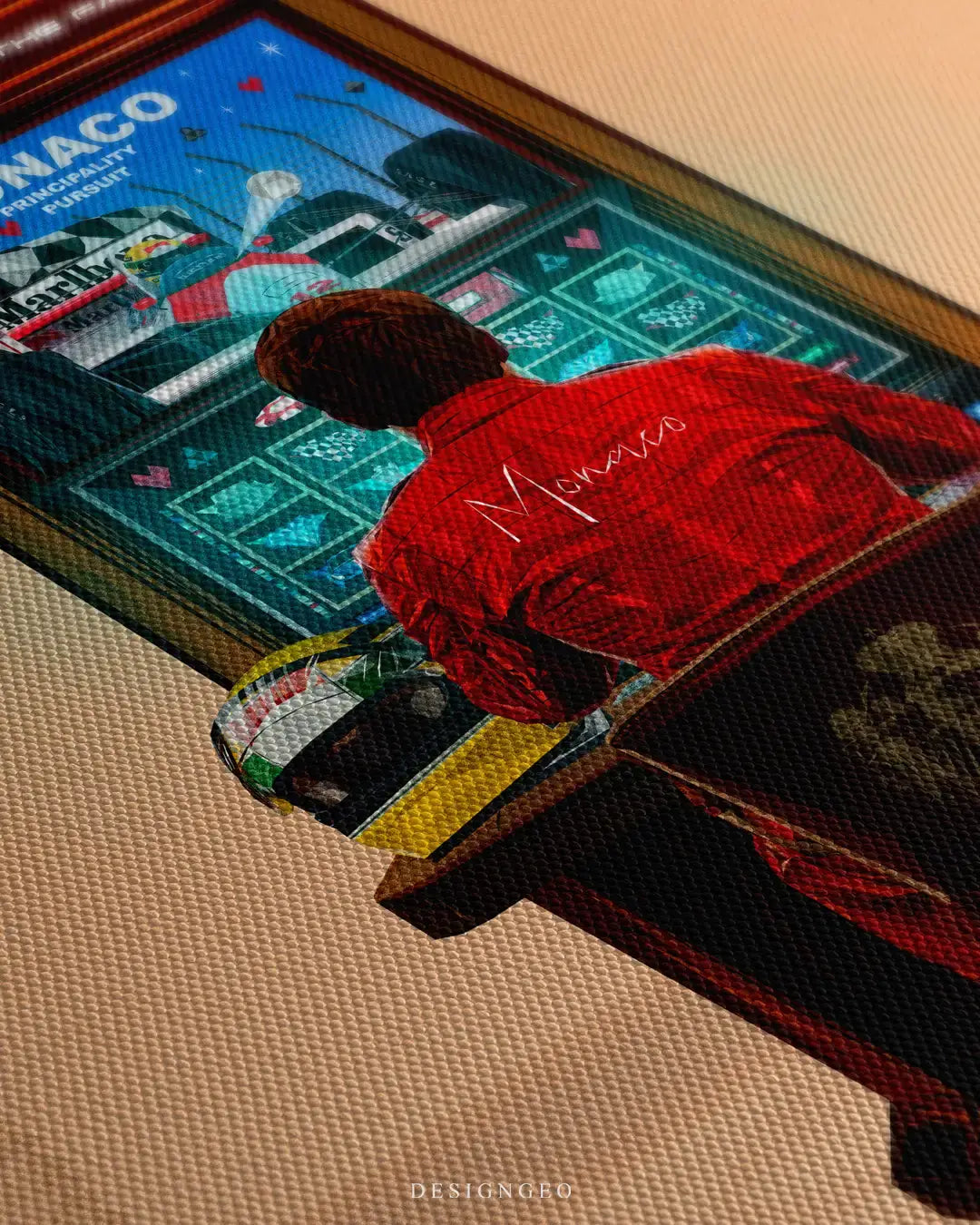 Detailed angled macro view of premium canvas art showing a racing pilot in a red Monaco suit sitting at a casino slot machine, highlighting the woven canvas fabric texture
