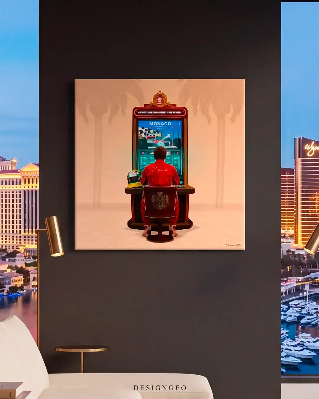 Luxury modern bedroom interior featuring the "Fortune Favors" Monaco pilot casino canvas print mounted on a dark charcoal wall, styled with a brass floor lamp and a panoramic city skyline view