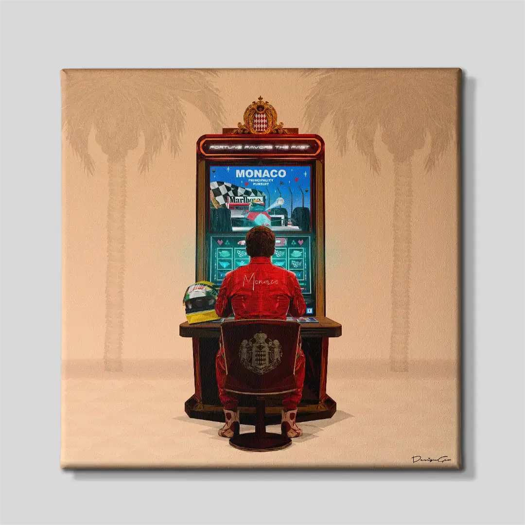 Front view of the "Fortune Favors" square canvas wall art showing a racing pilot at a Monaco casino slot machine with beige palm trees in the background, ideal for modern bedroom decor