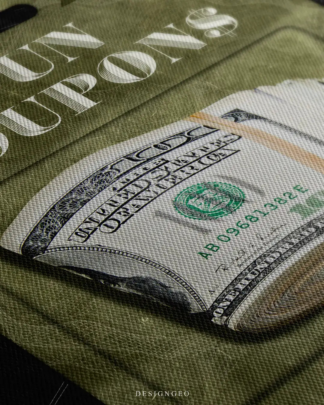 Close-up of modern motivational wall art featuring a stack of flying banknotes labeled "Fun Coupons" on a minimalist deep black background