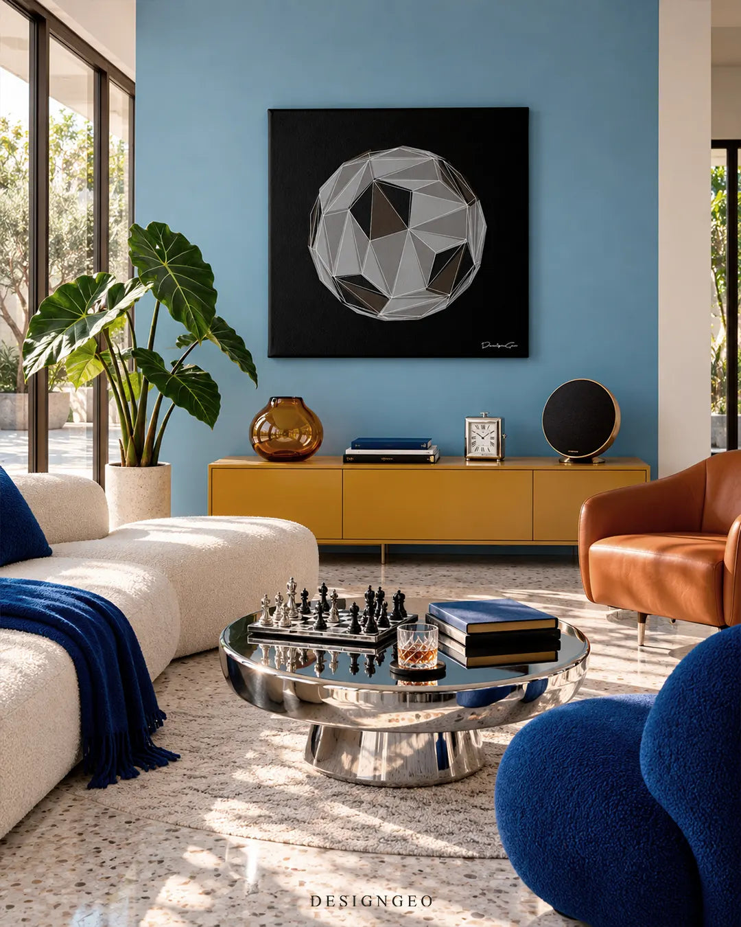 Square grey-scale geometric 3D soccer ball canvas wall art mounted on a powder blue wall above a mustard yellow console cabinet in a modern eclectic living room with white and blue boucle furniture and a reflective silver coffee table