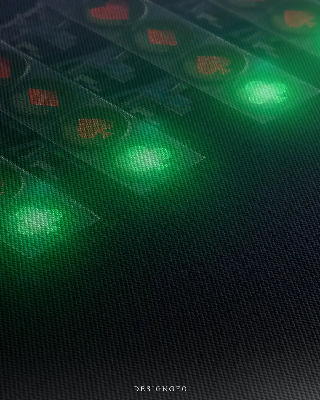 Close-up of modern motorsport wall art featuring a race start signal with casino suit symbols (spades, diamonds, clubs, hearts) and a blurred single-seater car on a grey background