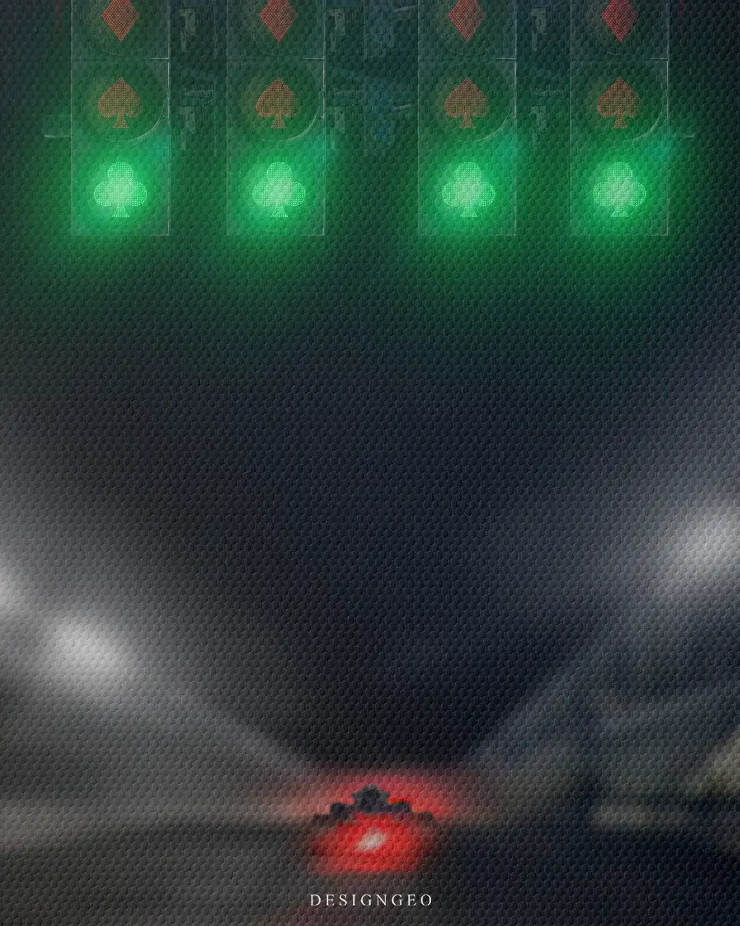 Detailed view of the "Gamble Grid" art, showcasing the vibrant red race car launching under the symbolic casino lights on a sophisticated, textured grey canvas