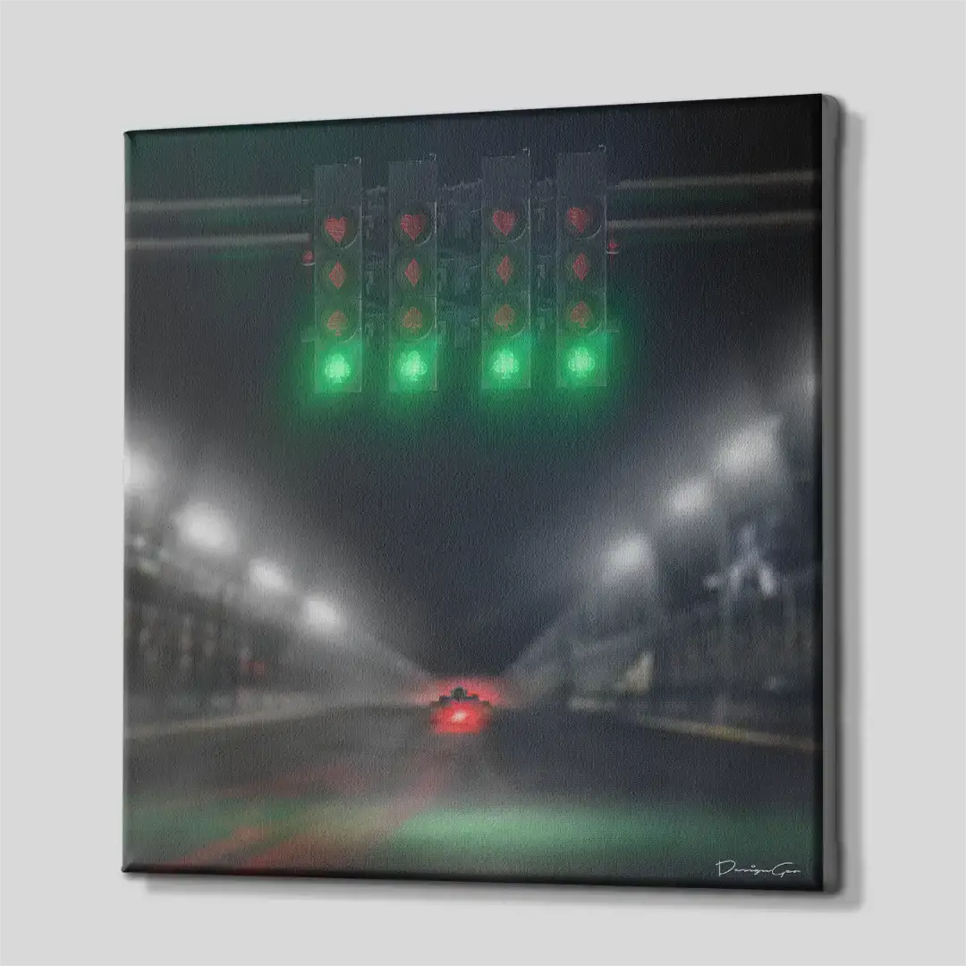 Side angle of the casino-themed motorsport motivation canvas print, highlighting the high-quality gallery wrap finish and the professional 3D frame depth