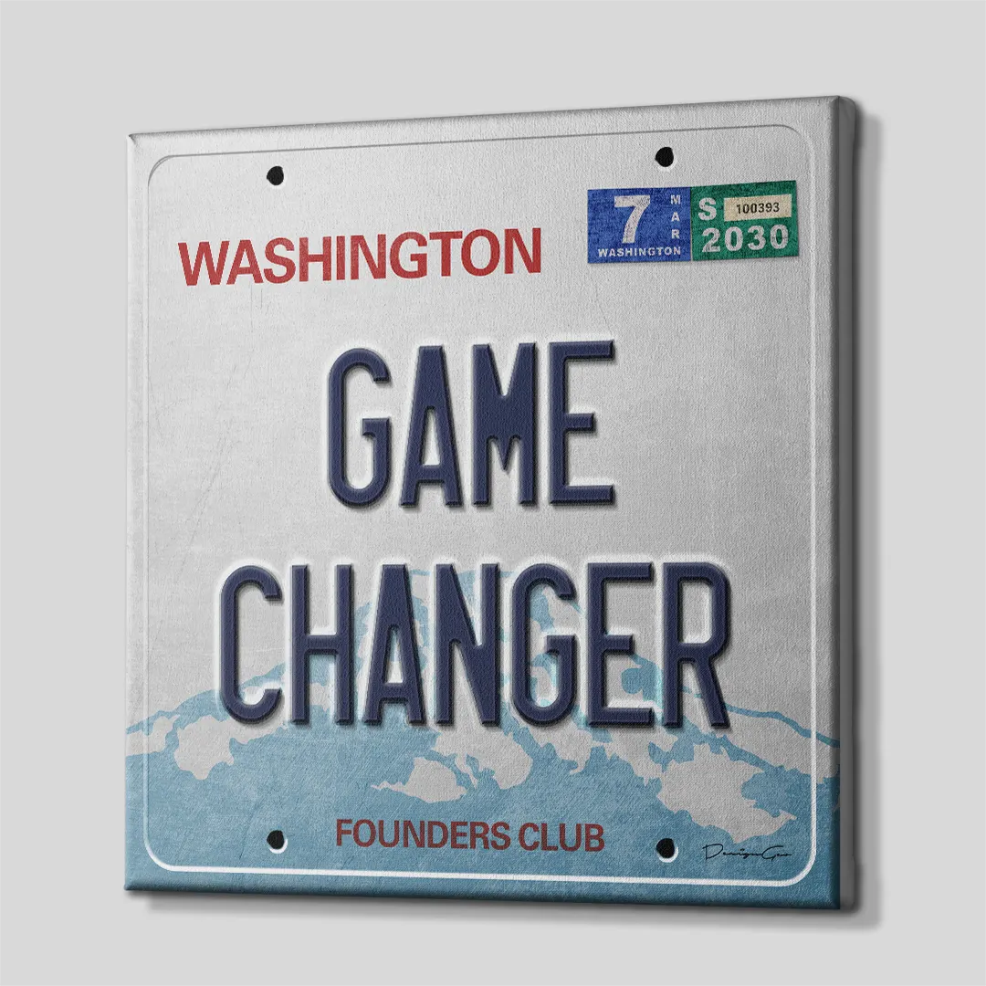 Three-quarter side angle of the Washington license plate motivational canvas wall art displaying gallery-wrapped edges mounted on a solid wooden frame