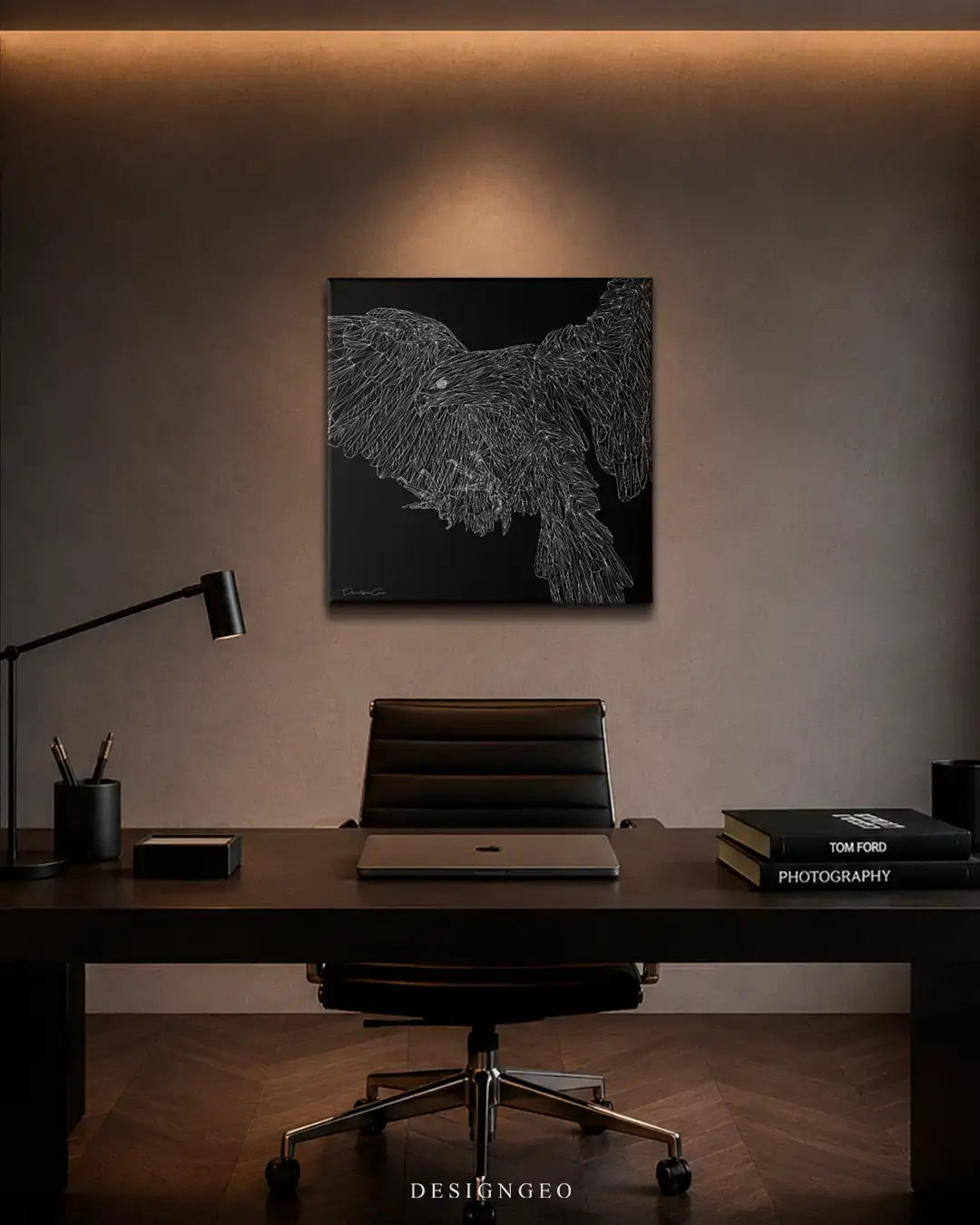 Modern office interior displaying the minimalist geometric bald eagle square canvas print above a desktop, adding a sleek abstract touch to home decor