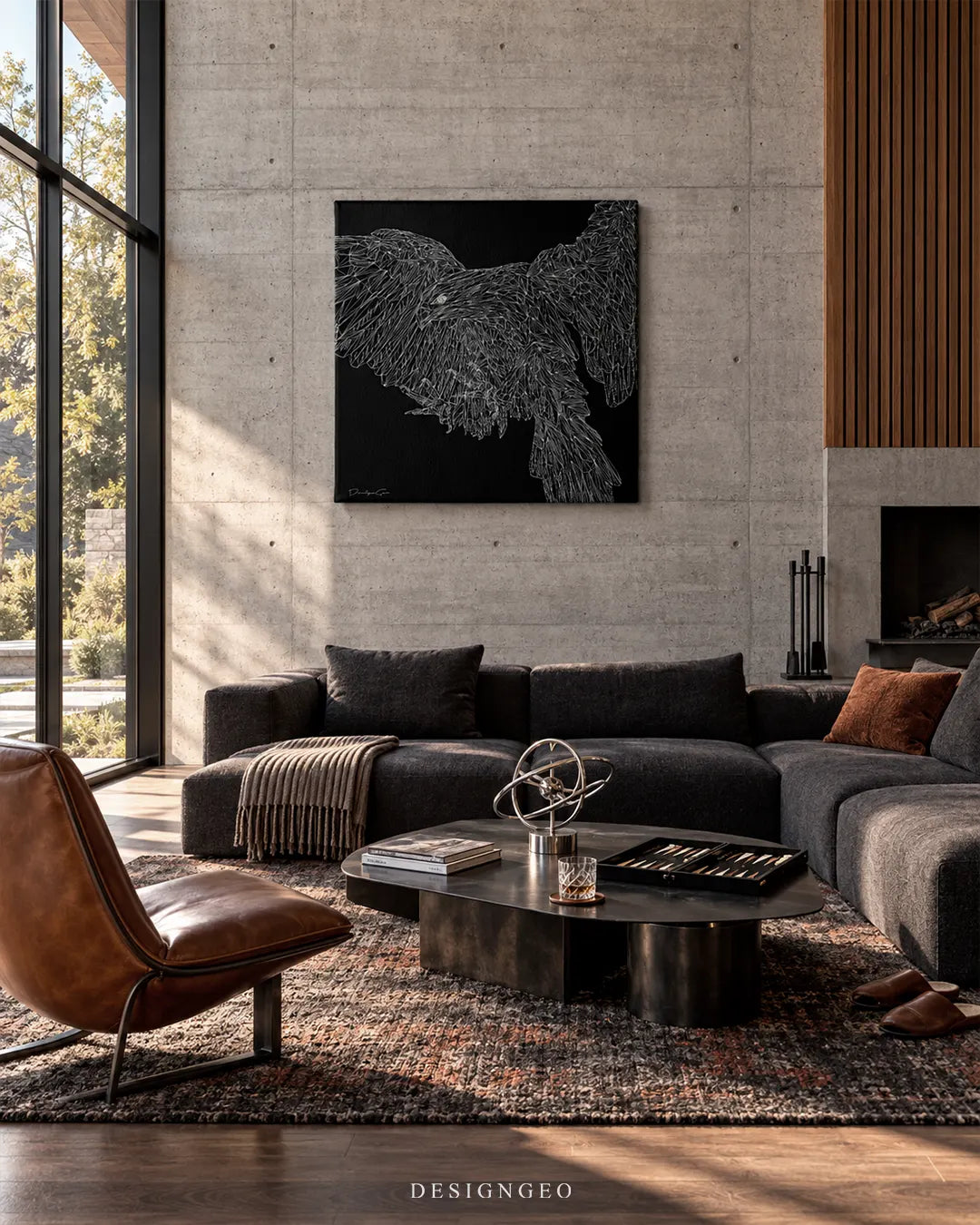 Square black canvas print featuring a geometric white line art flying bald eagle mounted on a concrete wall in a modern brutalist living room above a charcoal sectional sofa