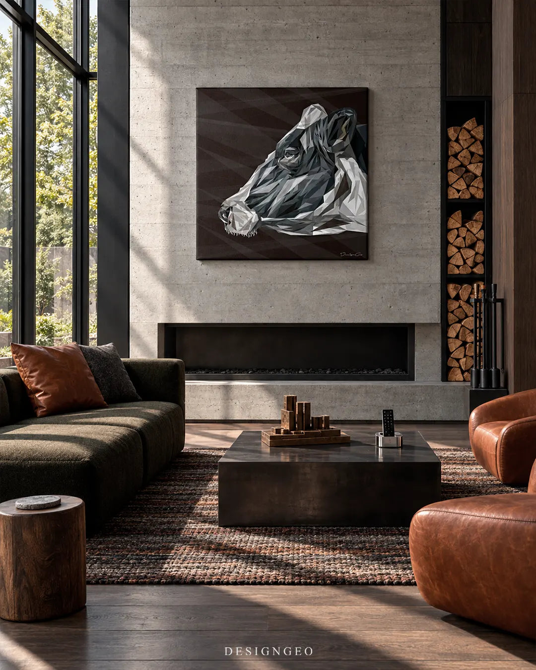 Square dark canvas print featuring a geometric low-poly cow profile mounted on a concrete fireplace wall in a modern living room above a brown sofa and leather armchairs