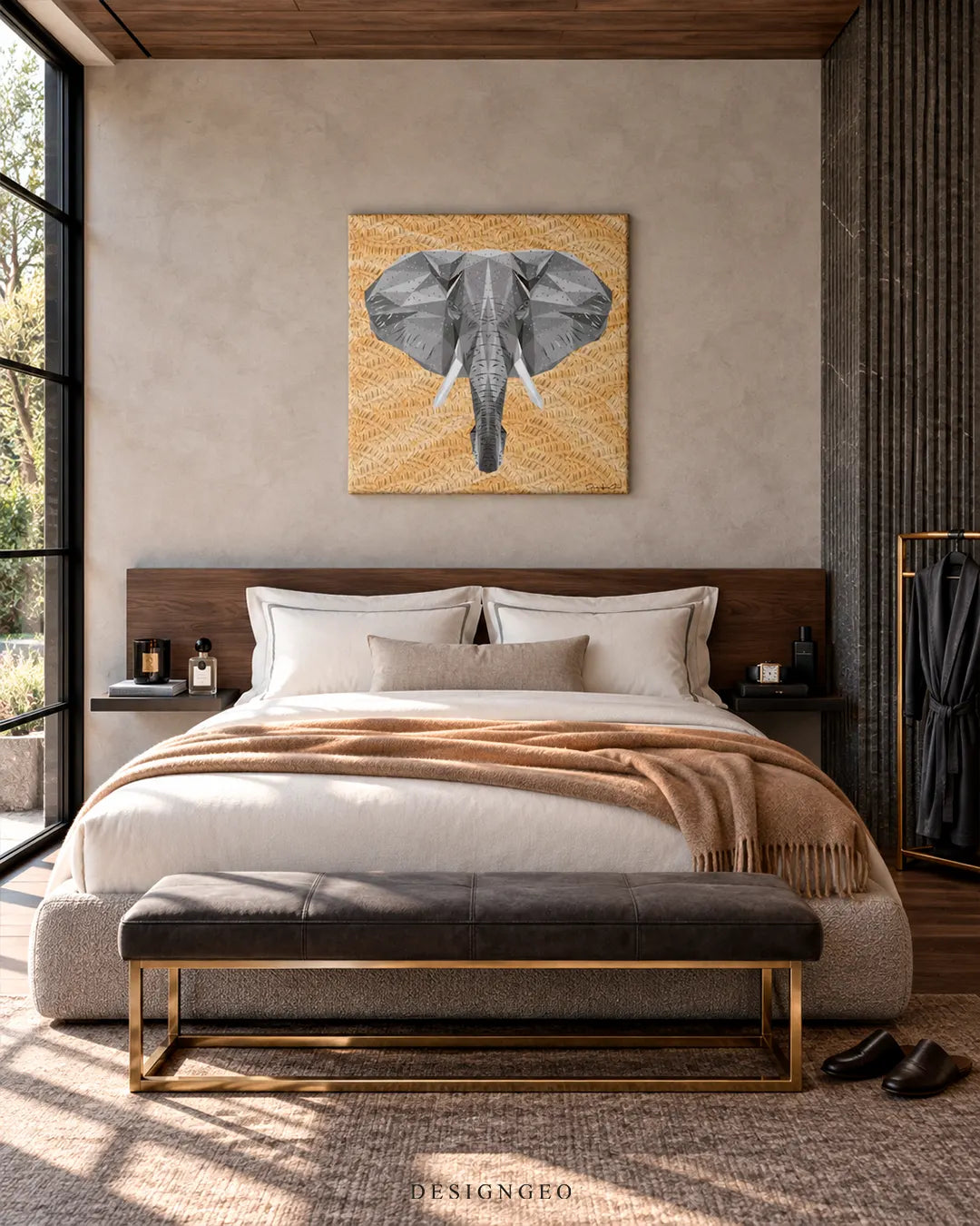 Geometric elephant head portrait canvas wall art with gold patterned background mounted above a wooden headboard in a modern luxury bedroom