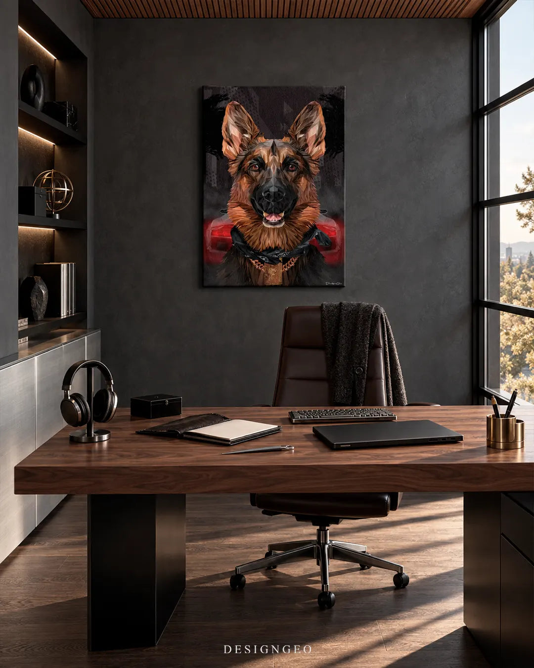 Vertical low-poly canvas print featuring a German Shepherd portrait mounted on a dark gray wall in an executive office above a wooden desk
