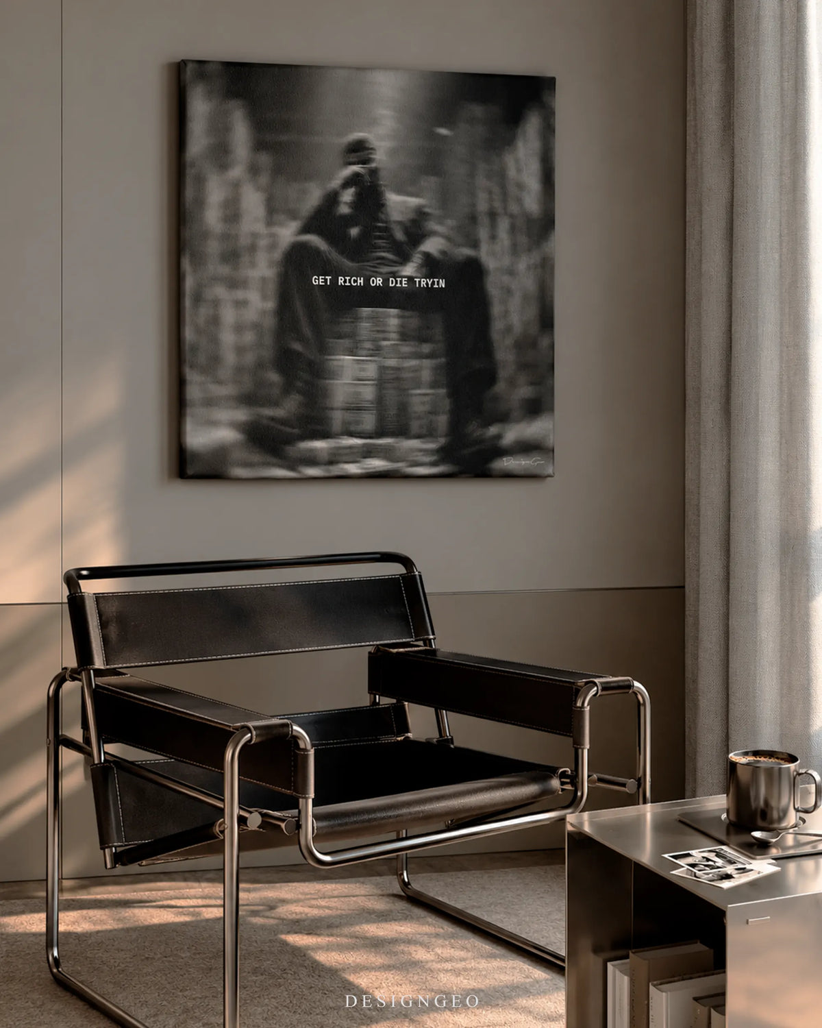 Get Rich Or Die Tryin black and white money stacks square canvas wall art mounted on light gray wall above Wassily leather chair 0.75 inch thin wrap