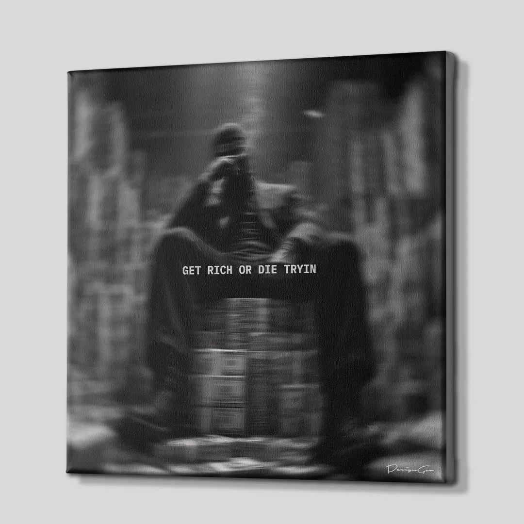 Side perspective view of black and white square canvas art showing bank vault money stacks design with black gallery wrapped edge 0.75 inch thin wrap
