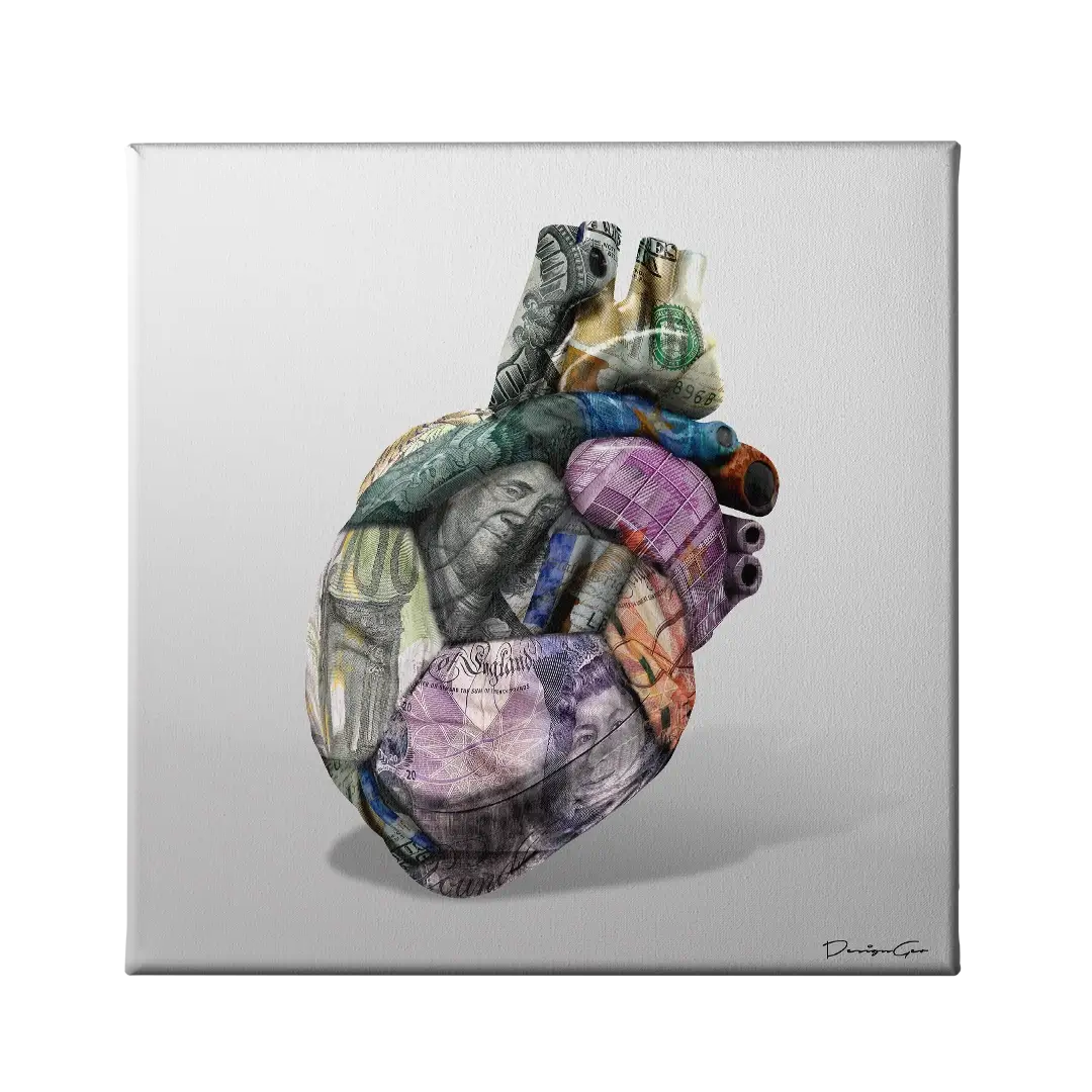 Global Currency Heart Canvas Wall Art
