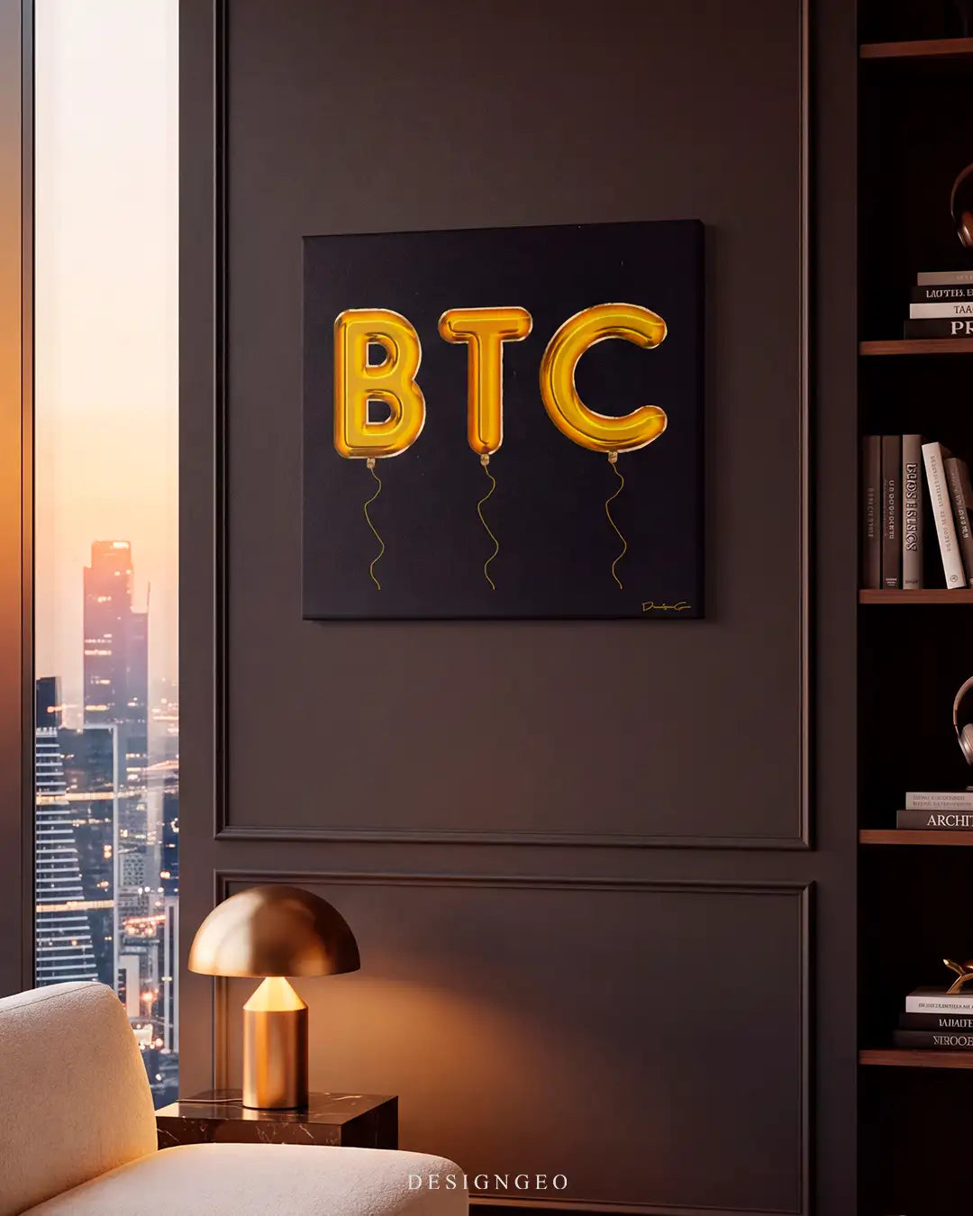 Luxury home office setup with the gold BTC balloon letters canvas print on a dark paneled wall, paired with a brass desk lamp and high-rise city views