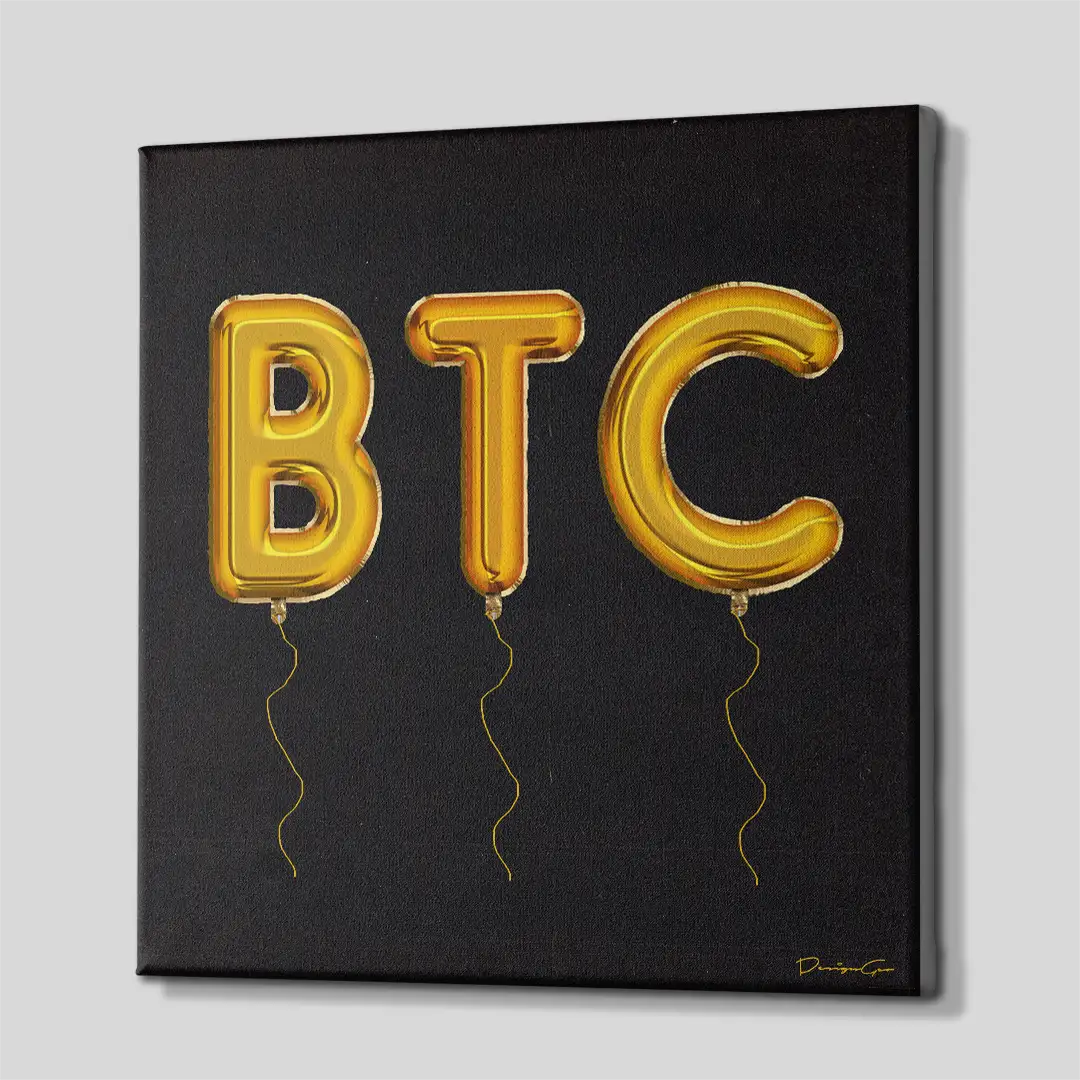 Side perspective of the modern gold BTC letters square canvas print, showcasing the high-quality gallery wrap edges stretched over a professional wooden frame