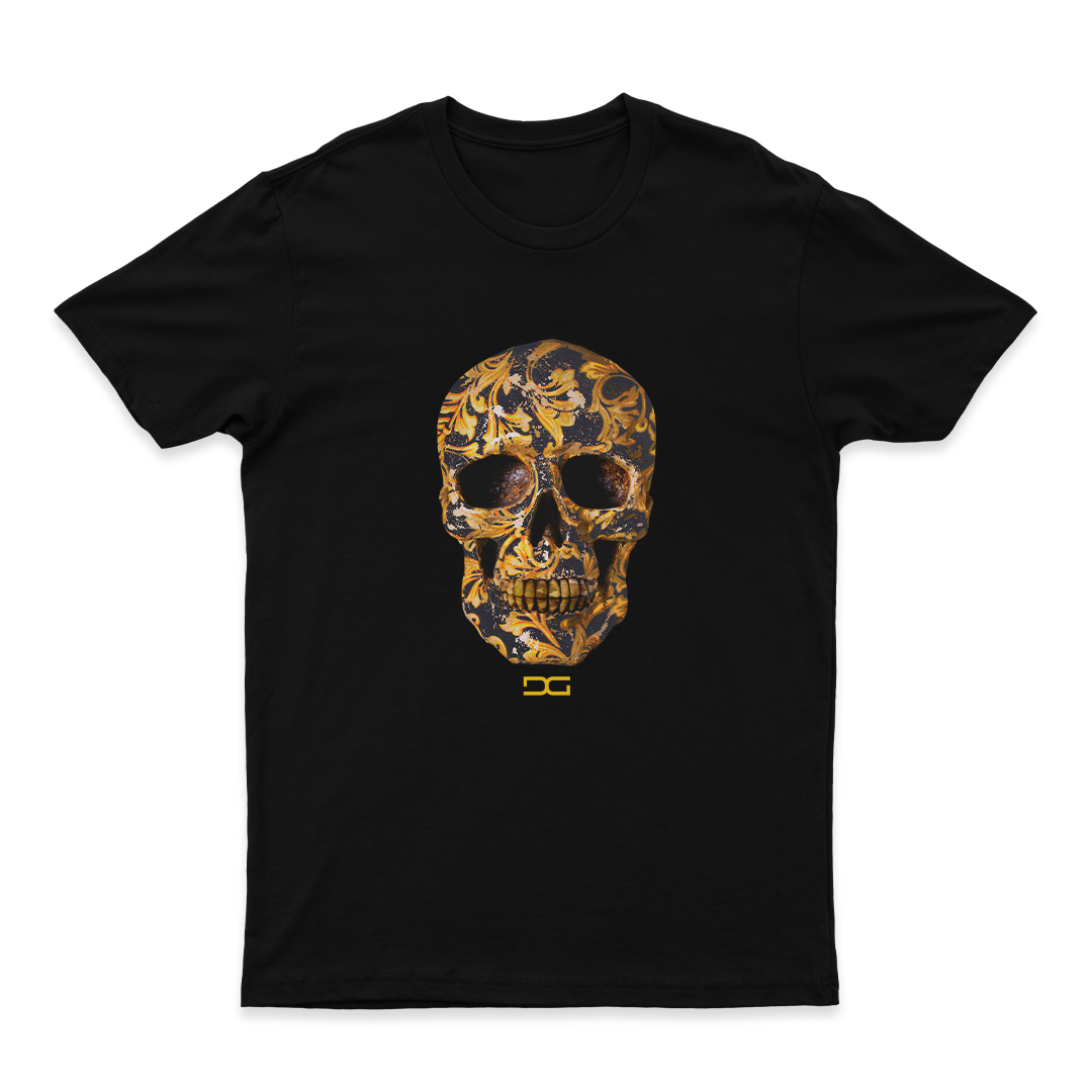 Unique black graphic tee gold skull