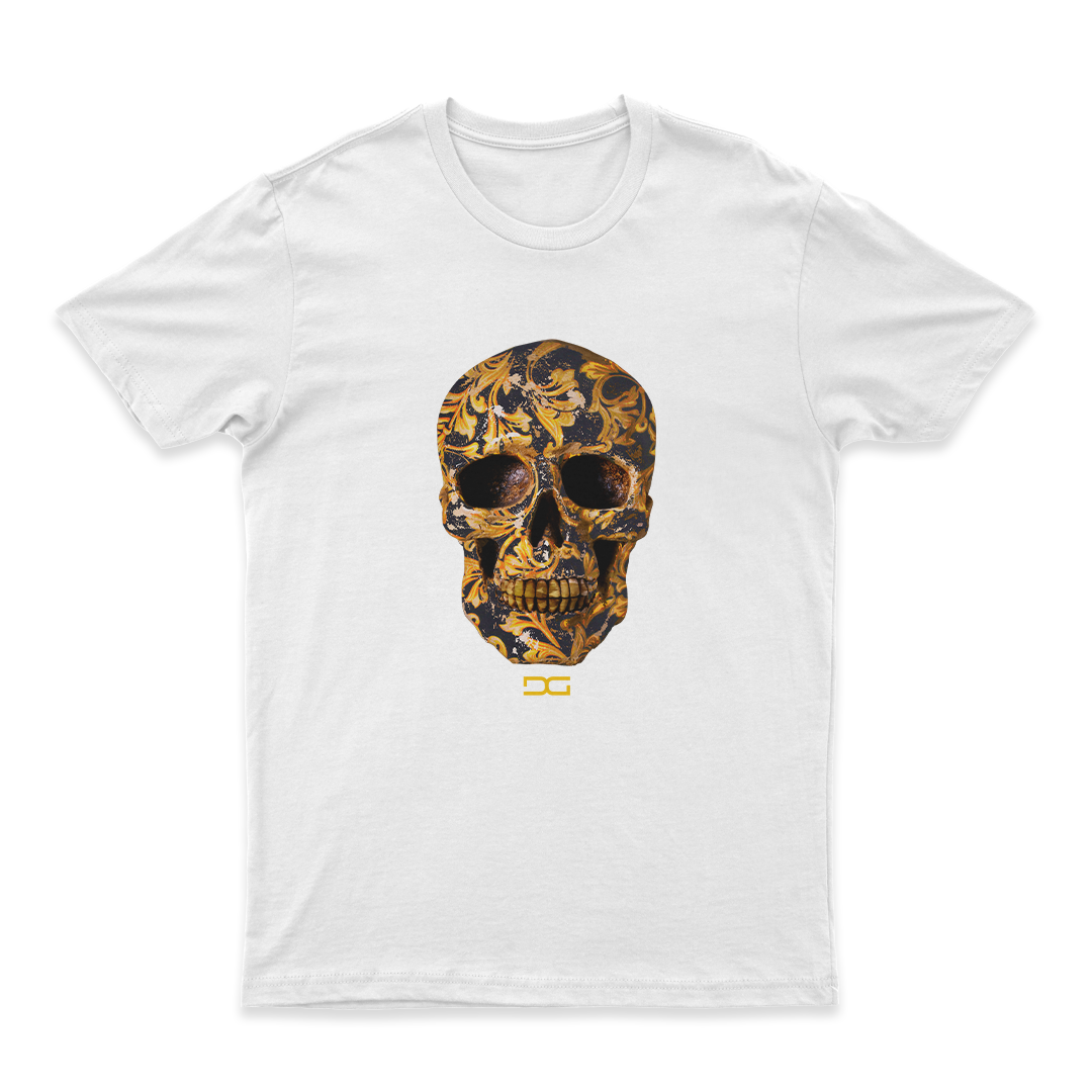 Unique white graphic tee gold skull