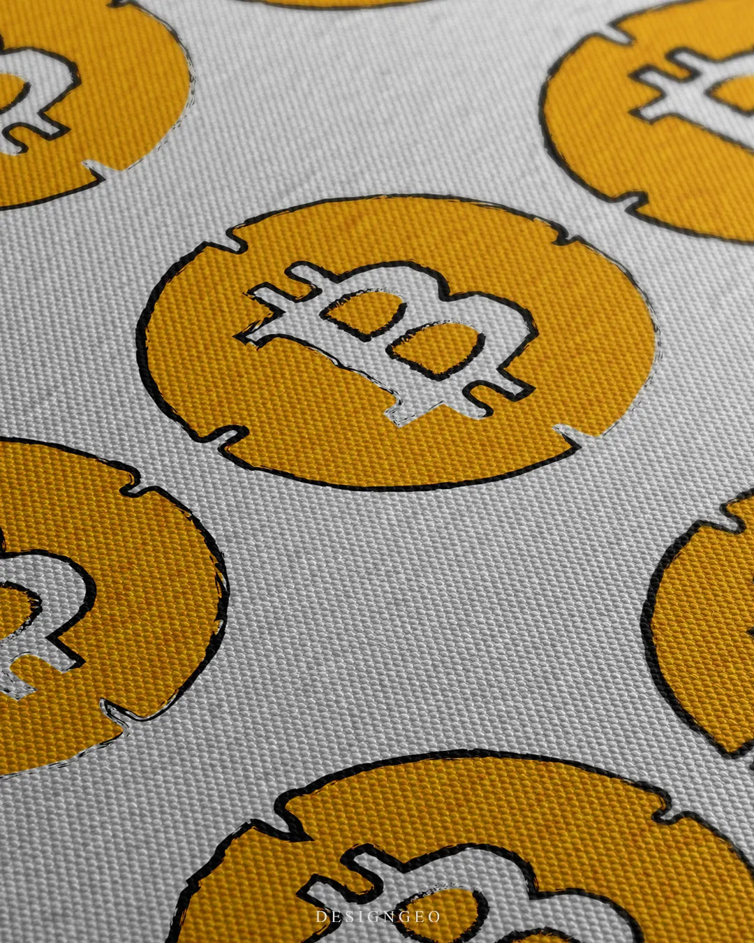 Angled extreme macro view highlighting the woven canvas surface texture, centered white and yellow spray paint Bitcoin logo, and subtle paint splatter