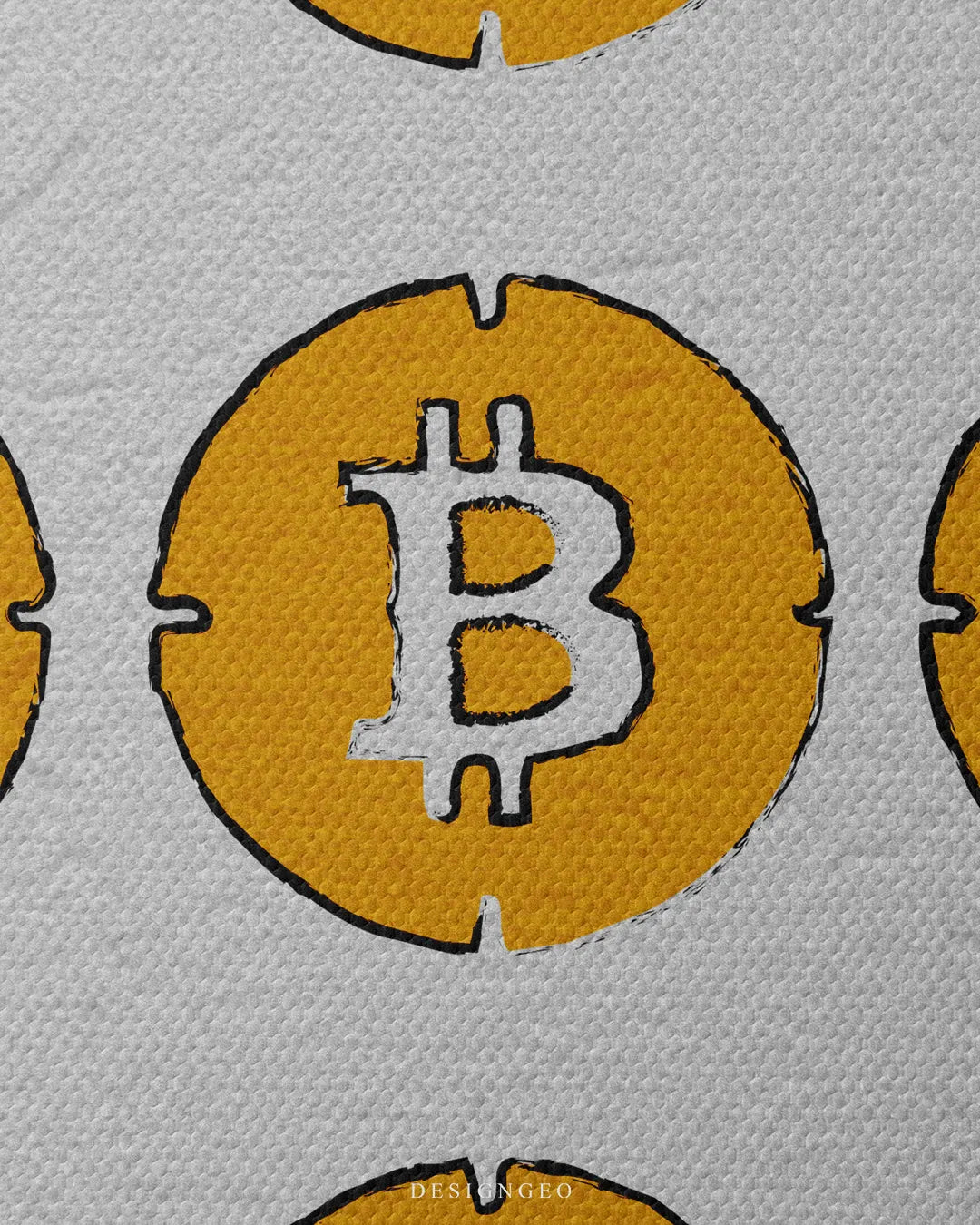 Close-up macro detail shot showing fine canvas texture, distressed yellow paint stencil finish, and black outlined Bitcoin symbol