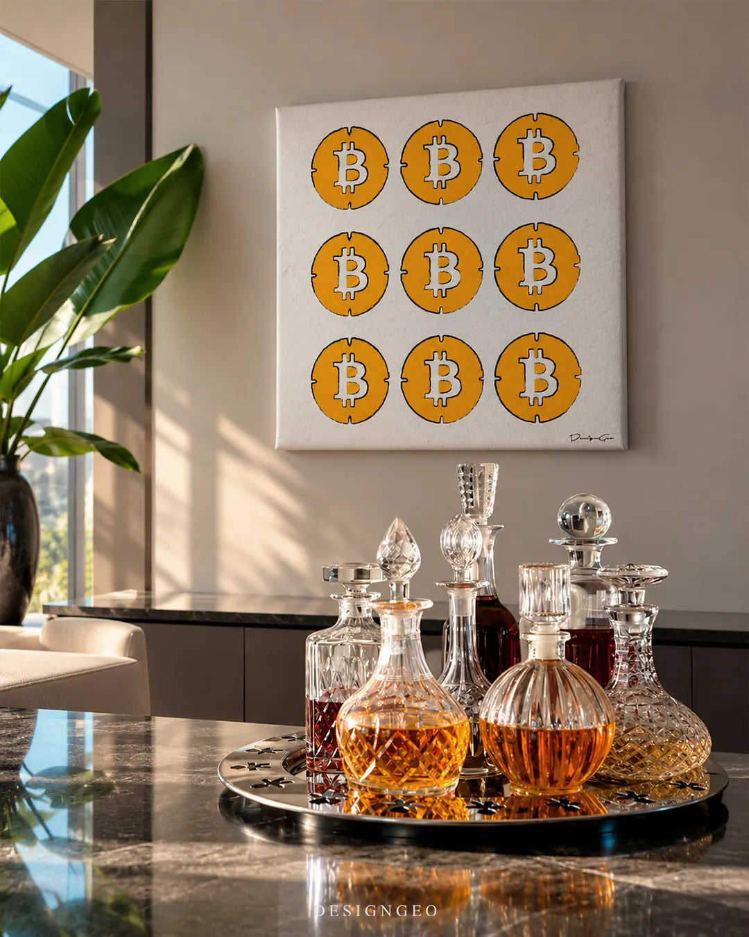 Nine yellow Bitcoin coins grid pattern square canvas wall art displayed on a beige wall in a luxury lounge above crystal decanters 0.75 inch thin wrap