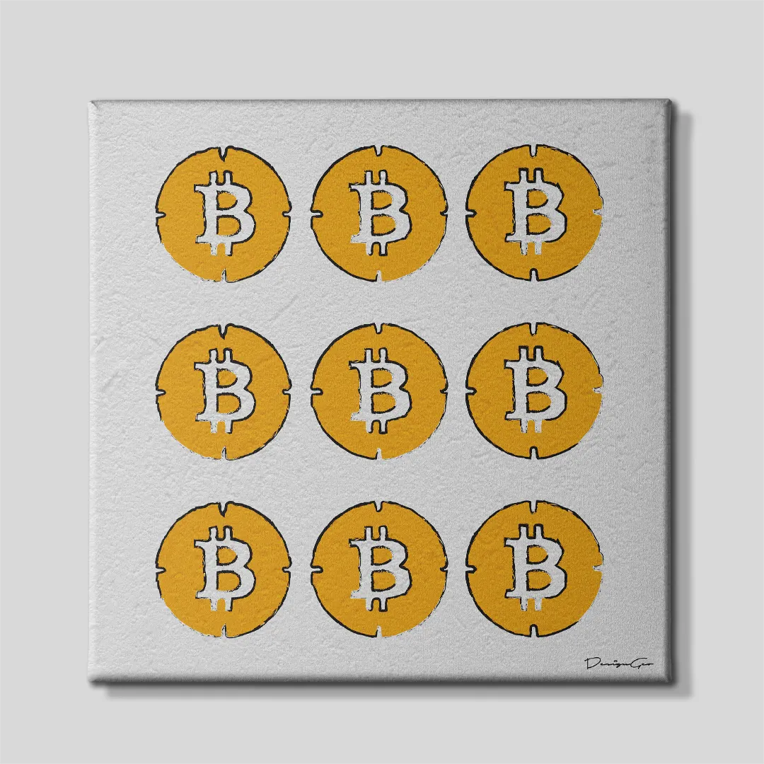 Front view of a square light grey canvas print featuring a 3x3 grid of nine yellow and white graffiti stencil Bitcoin coins