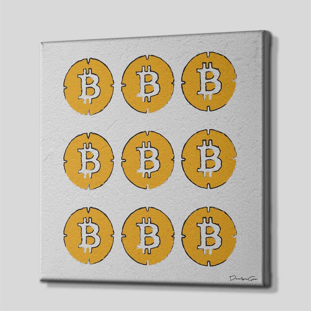 Three-quarter side angle of the 9 Bitcoin coins canvas print showing gallery-wrapped light grey edges mounted on a wooden frame