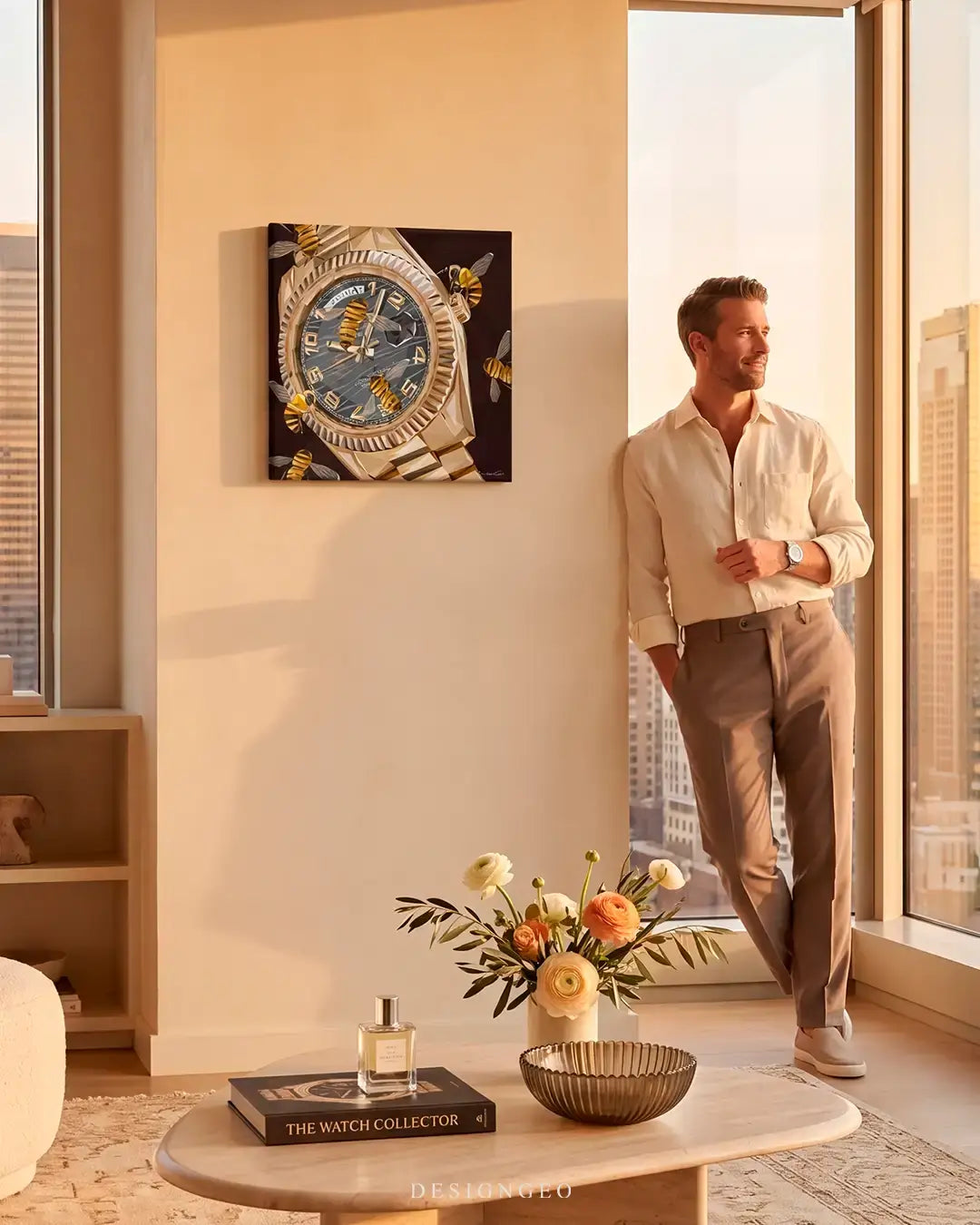 Upscale modern living room setting bathed in warm sunset light, featuring a man standing next to the geometric gold watch square canvas print mounted on a minimalist column