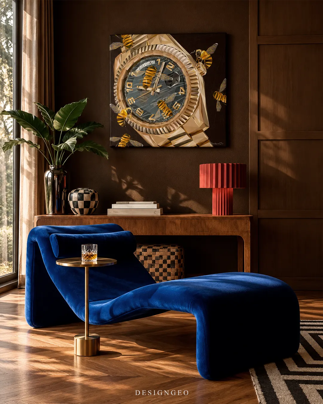 Gold luxury watch face surrounded by honeybees square canvas wall art displayed on a dark brown wall above a royal blue velvet chaise lounge 0.75 inch thin wrap