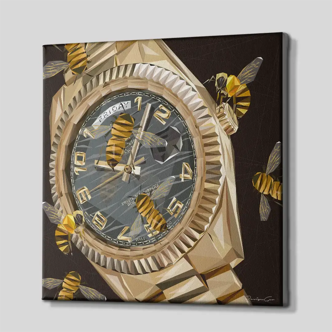 Side perspective of the modern low-poly gold watch canvas wall art, demonstrating the premium gallery wrap finish and robust 3D frame profile designed for upscale luxury interiors