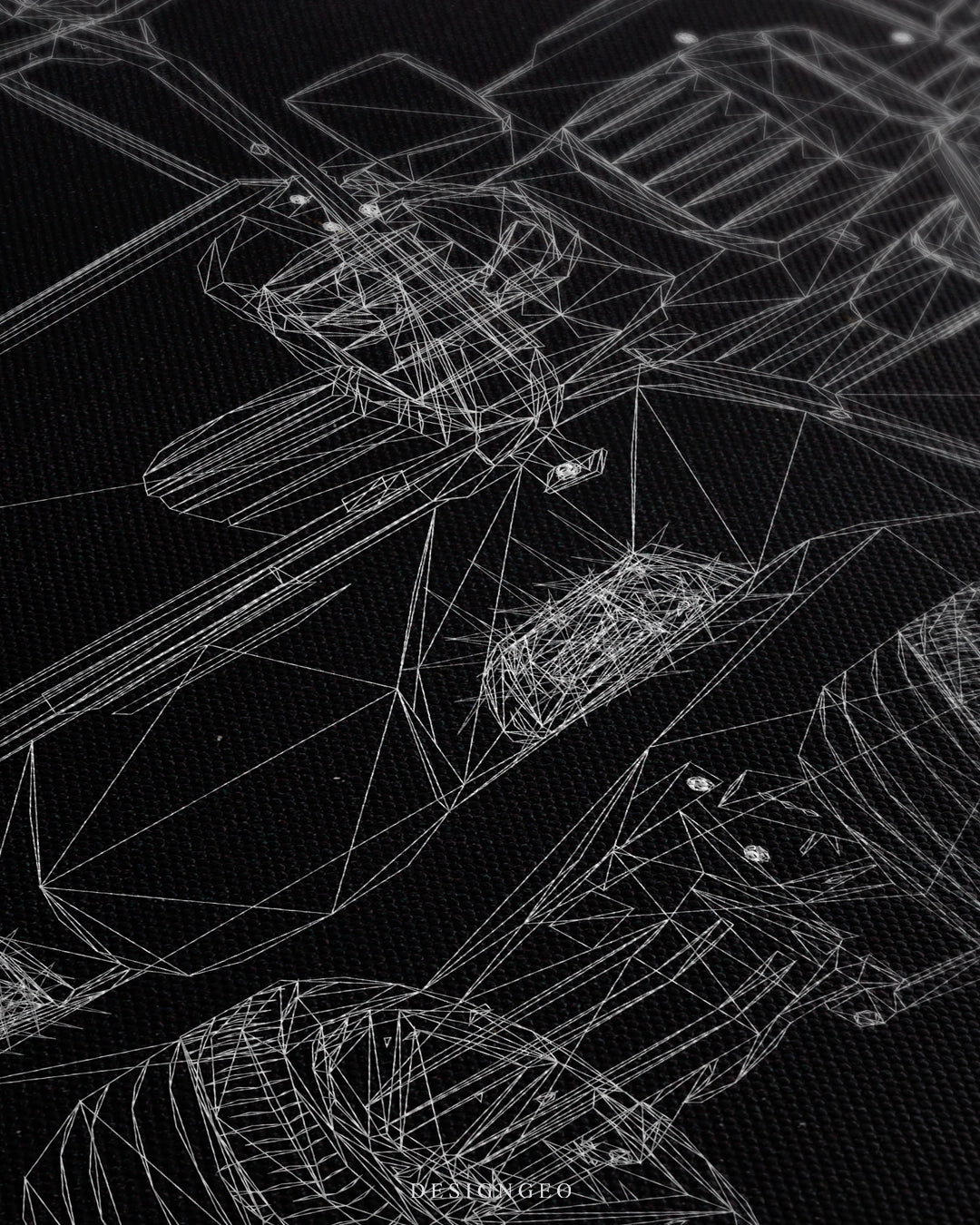 Angled close-up of the golf cart canvas print showing fine white geometric wireframe lines forming a 3D mesh model over a dark black textured canvas background