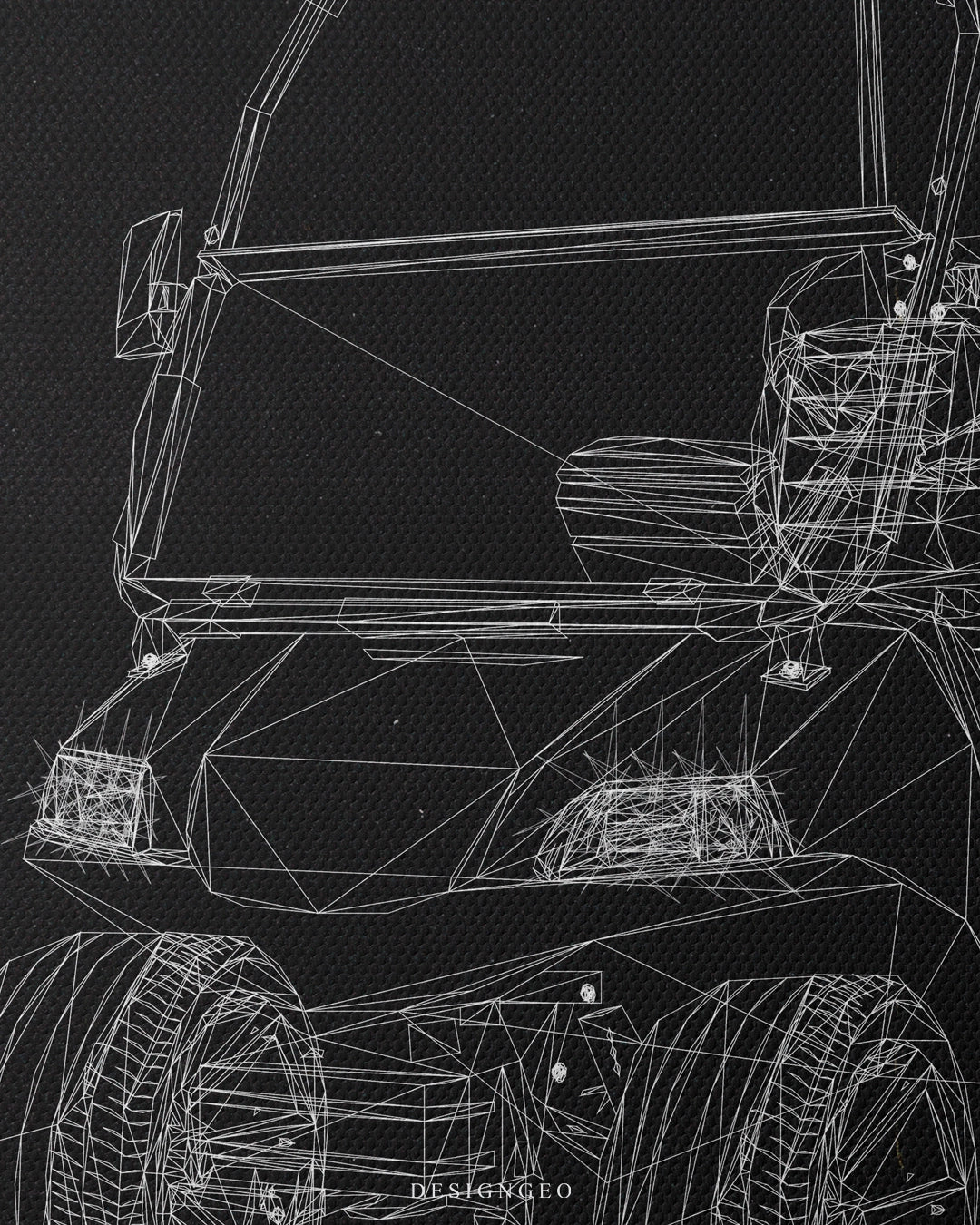 Close-up view of the minimalist golf cart illustration, highlighting intricate white polygon line-art detailing the windshield, headlights, wheels, and steering wheel structure