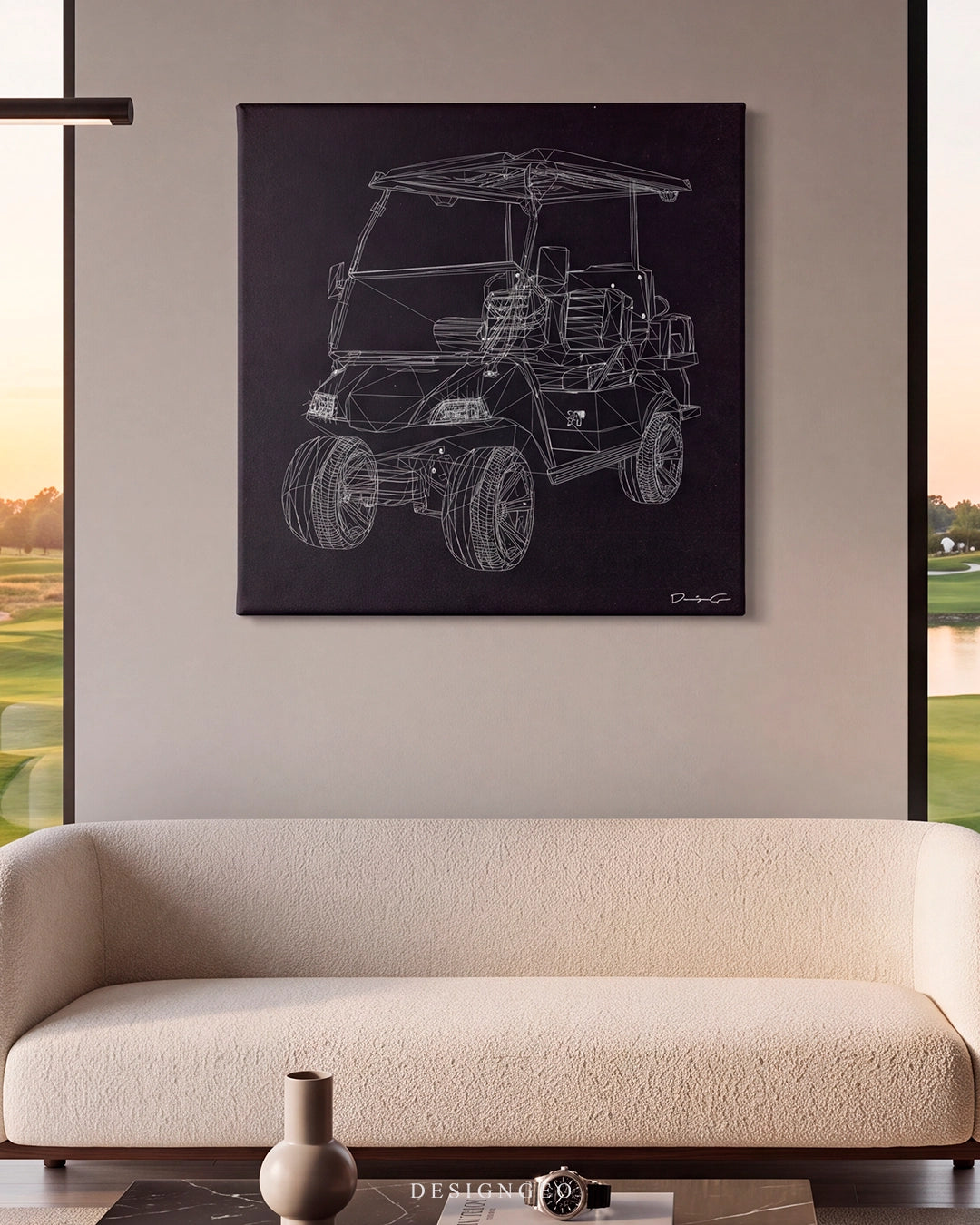 Contemporary living room interior featuring the square geometric golf cart canvas print mounted on a beige wall above a cream sofa, flanked by floor-to-ceiling windows overlooking a sunny golf course landscape